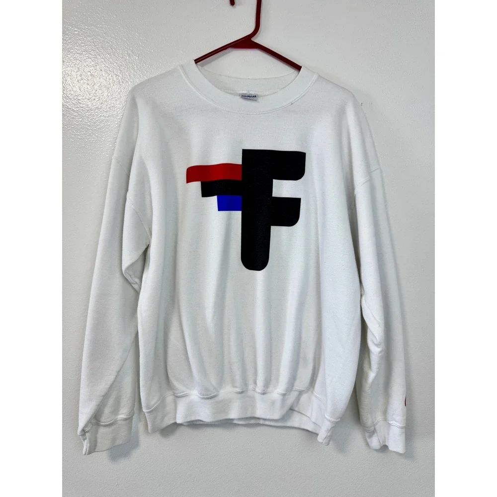 Gildan Heavy Blend White F Graphic Logo Crewneck Sweatshirt Collab Sleeve Mens L - Picture 12 of 12